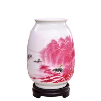 瓷博 景德镇瓷器花瓶摆件装饰工艺品 江南水乡山水红瓷瓶