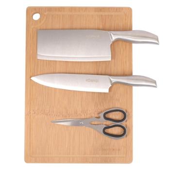康巴赫 刀剪菜板四件套 不锈钢切片刀水果刀多用剪刀整竹菜板 KOM20A4