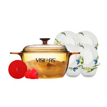 康宁VISIONS晶彩透明锅深锅2.5L（VS-25）+康宁陶瓷餐具八件套+锅垫耳套