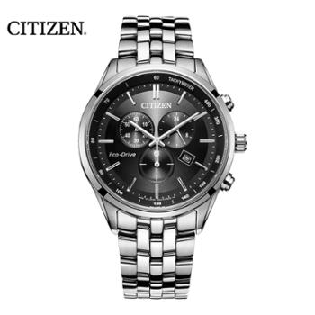 西铁城Citizen 光动能三眼多功能黑盘钢带男表AT2140-55E