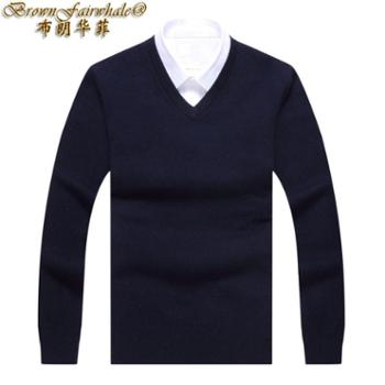 布朗华菲/BrownFairwhale 男士加厚保暖毛衣 v领套头纯色羊毛针织衫9051