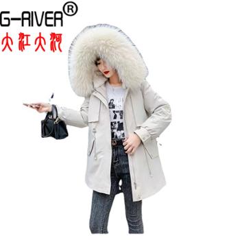 大江大河/G-RIVER 派克服刺绣款女皮草外套 獭兔毛内胆，可拆卸白貉超大毛领 M－2XL