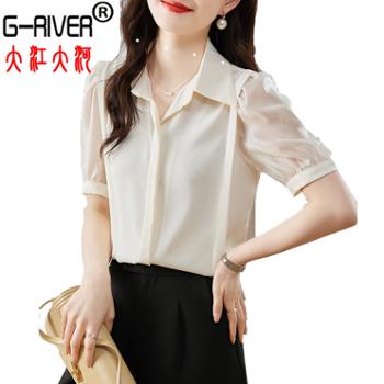 大江大河/G-RIVER 女款雪纺灯笼袖缎面短袖衬衫 时尚优雅,名媛气质 S-XL