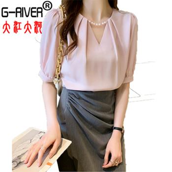 大江大河/G-RIVER 女式时尚珍珠V领短袖雪纺衬衫 韩版百搭，时髦显瘦 M－XL