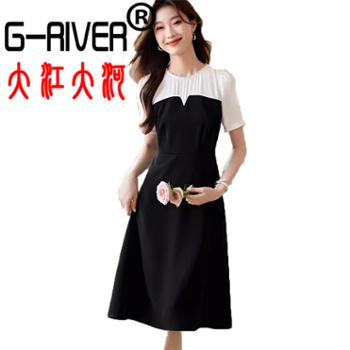 大江大河/G-RIVER 女式黑色撞色拼接圆领收腰短袖连衣裙 精致优雅 S-2XL