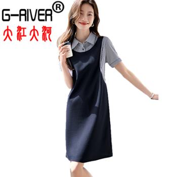 大江大河/G-RIVER 女式假两件衬衫领短袖连衣裙 条纹拼接撞色 S-2XL