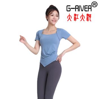 大江大河/G-RIVER 女式优雅方领显瘦速干紧身短袖瑜伽服T恤上衣