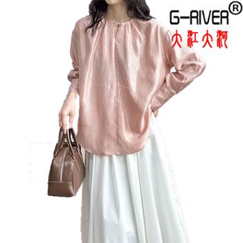 大江大河/G-RIVER 女式法式复古国风小众设计感宽松圆领衬衫 亲肤透气,文艺复古 均码