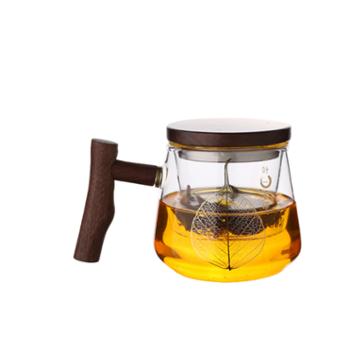唯铭诺 一叶菩提茶杯450ML高硼硅木柄防烫水杯茶水分离玻璃杯泡茶杯
